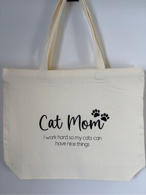 Cat Mom Canvas Tote Bag in Cream
